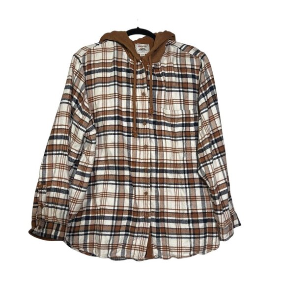 American Eagle Hooded Flannel Plaid Brown Cream Navy Fall Size XL Cozy Boyfriend - Picture 1 of 10